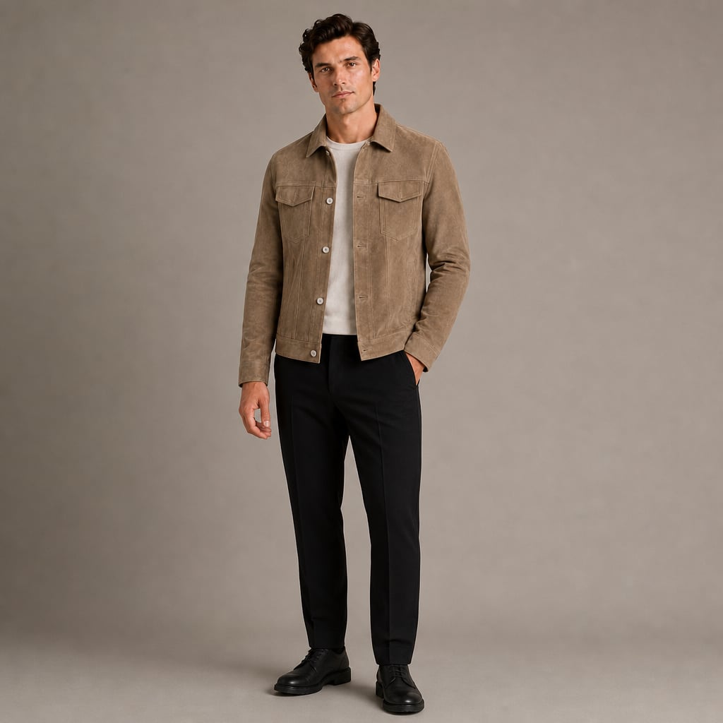 Sports Jacket Suede-Look Slim Fit Turn-Down Collar Brown – Full Look