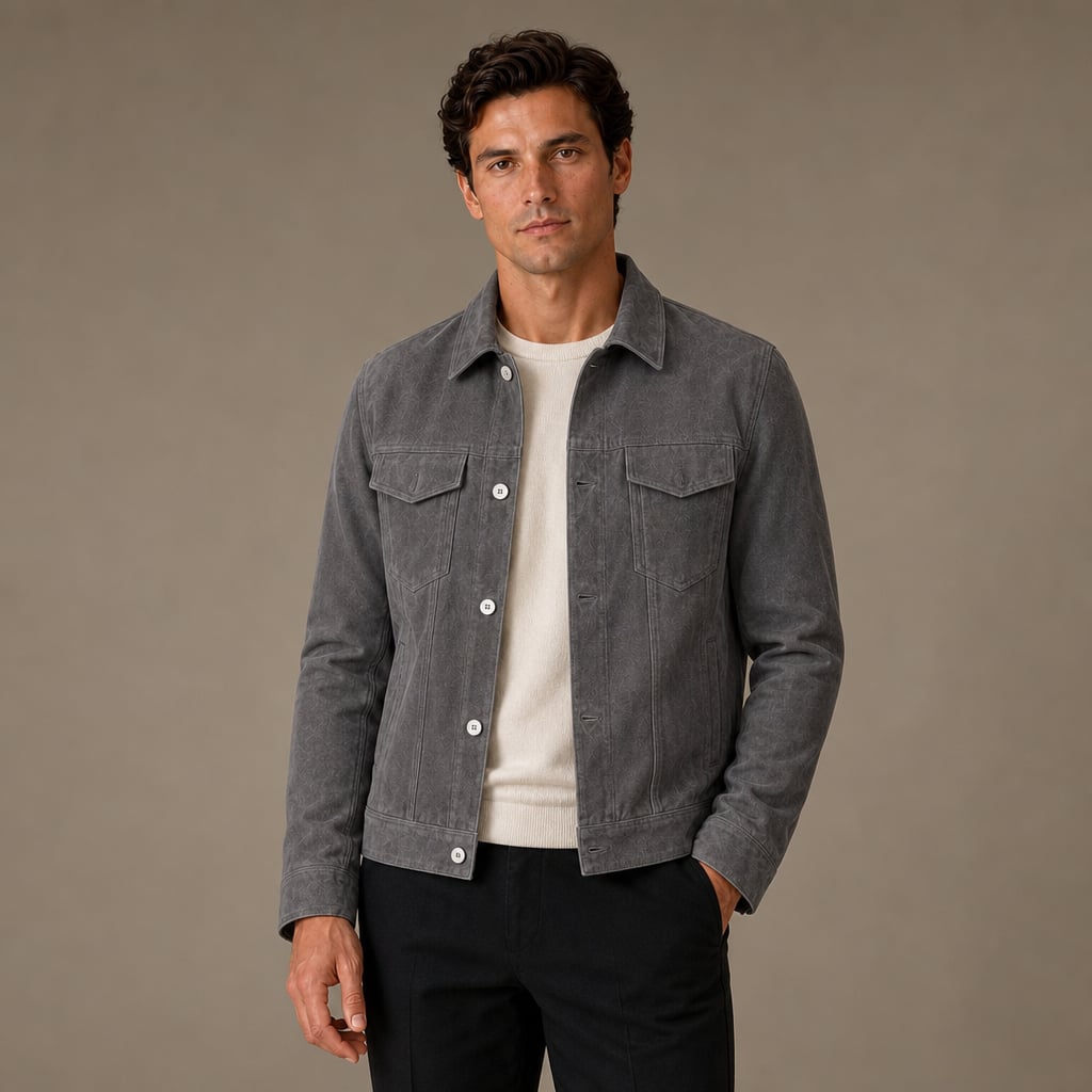 Sports Jacket Suede-Look Slim Fit Turn-Down Collar Gray – Product Photo