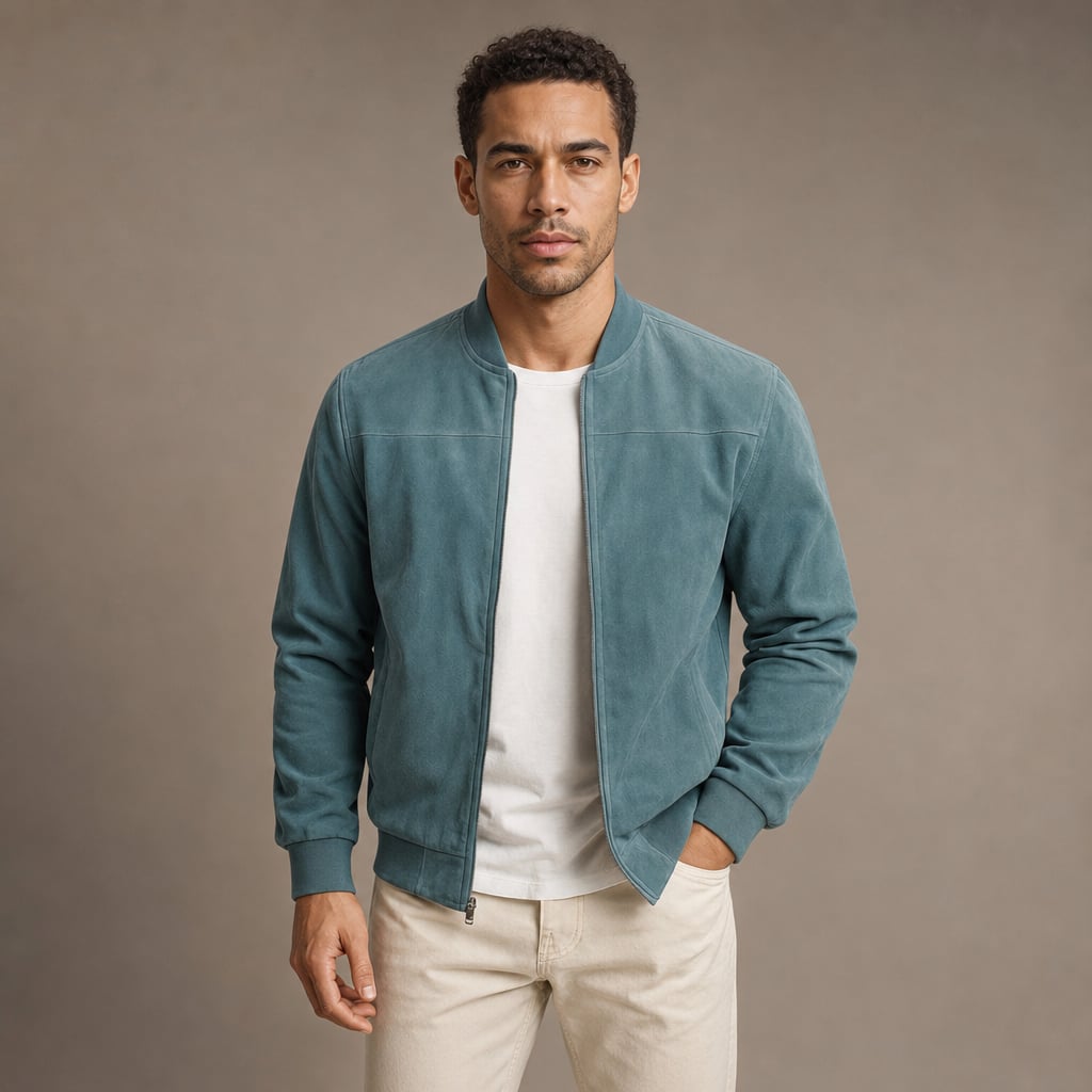 Suede Bomber Jacket Relaxed Fit Blue – Product Photo