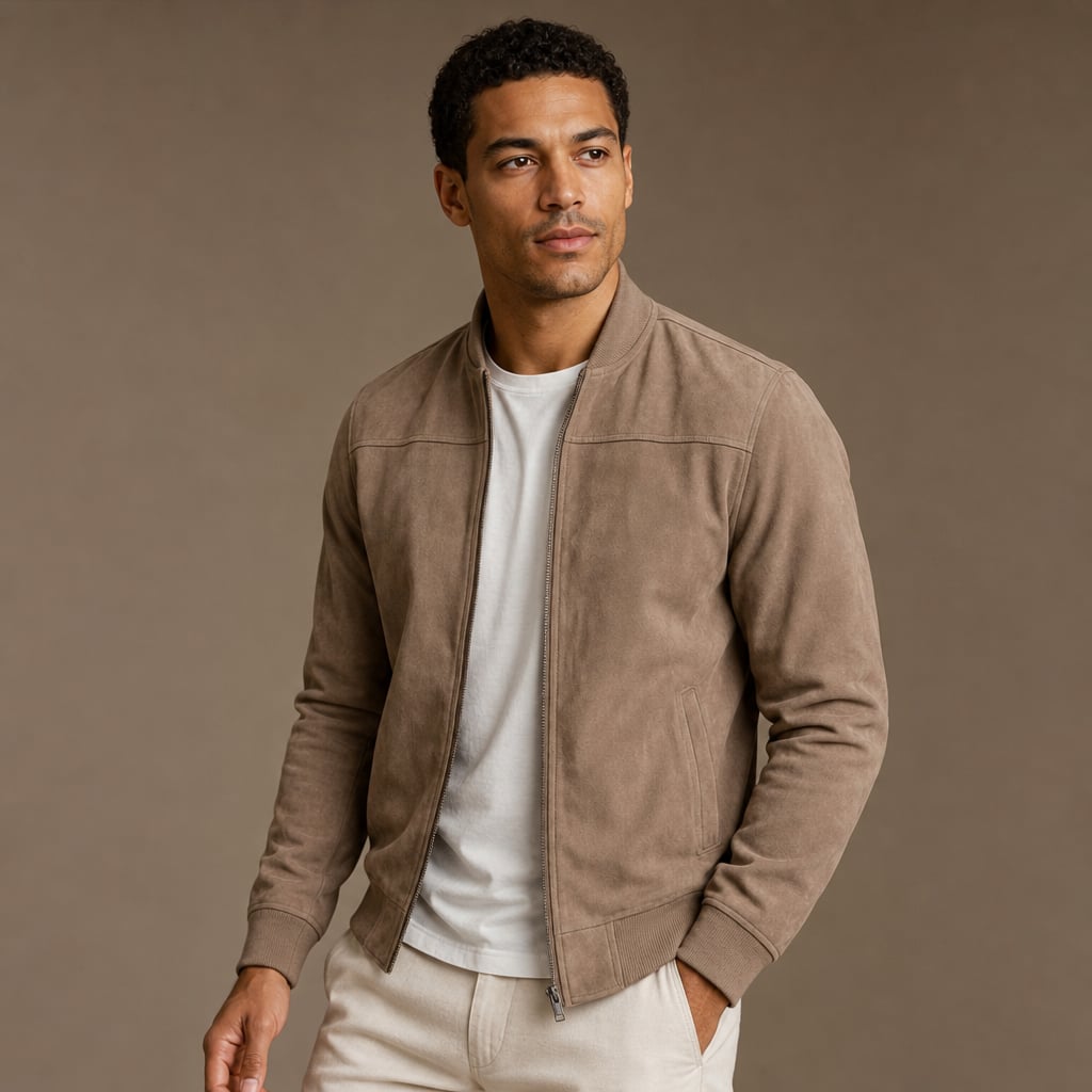 Suede Bomber Jacket Relaxed Fit Brown – Side Angle View