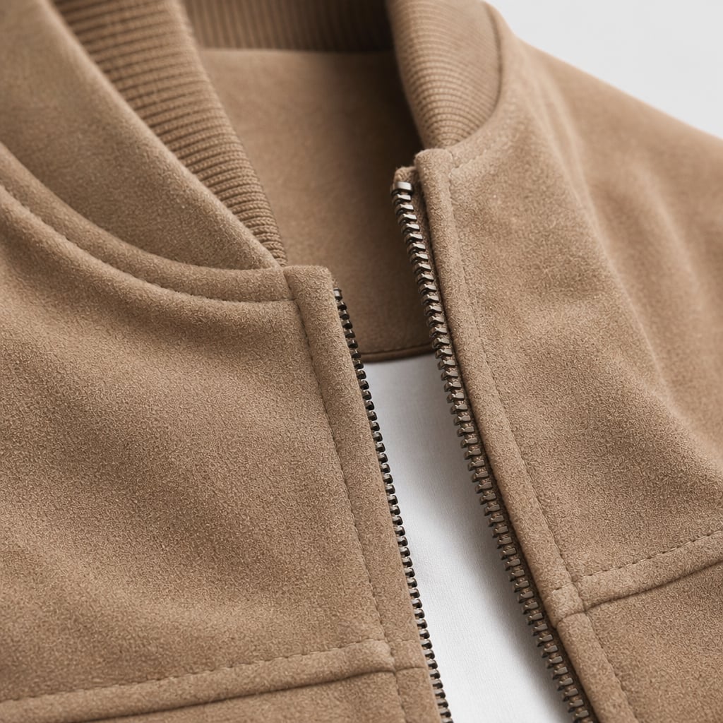 Suede Bomber Jacket Relaxed Fit Brown – Fabric and Detail Close-Up