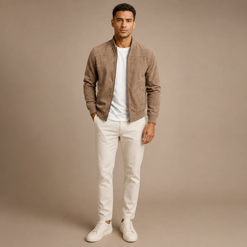Suede Bomber Jacket Relaxed Fit Brown – Full Look