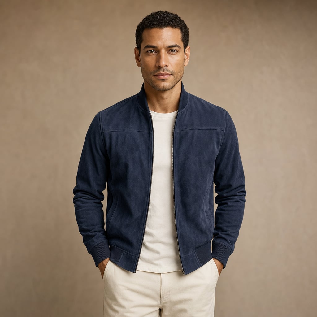 Suede Bomber Jacket Relaxed Fit Dark Blue – Product Photo