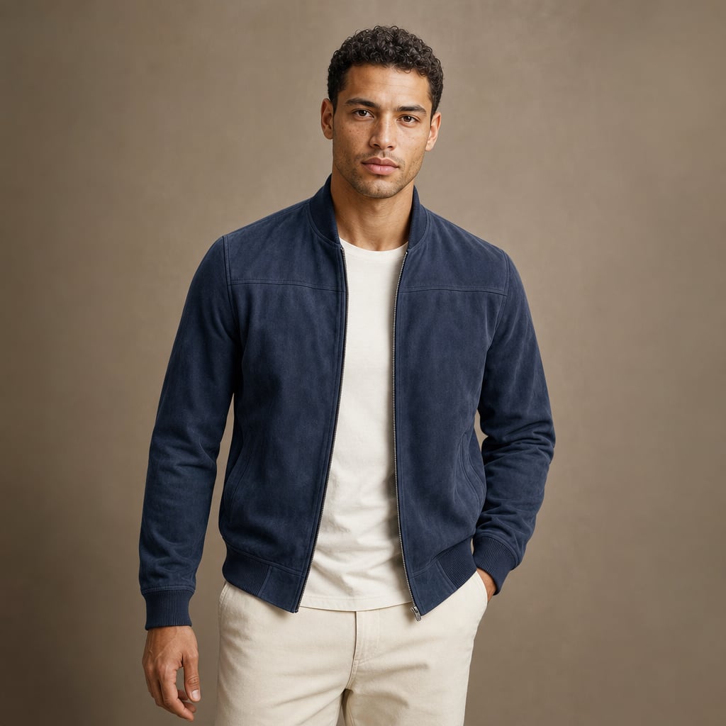 Suede Bomber Jacket Relaxed Fit in Dark Blue – Tarlano Premium Menswear