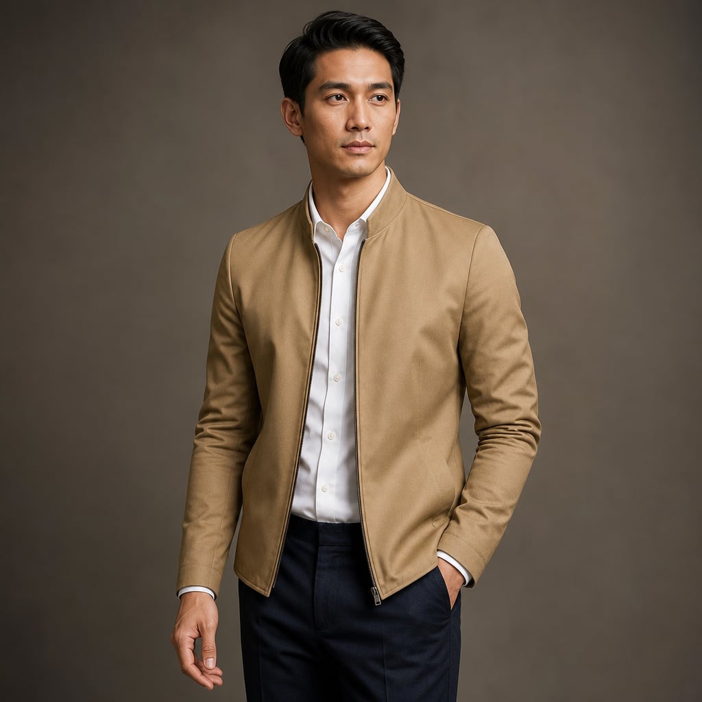 Sports Jacket Mandarin Collar Zip Front Khaki – Side Angle View