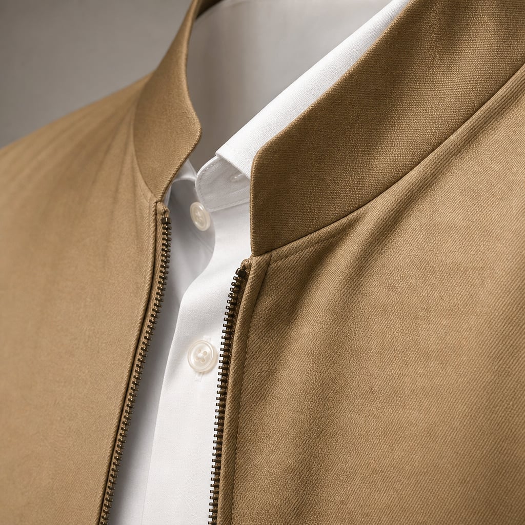 Sports Jacket Mandarin Collar Zip Front Khaki – Fabric and Detail Close-Up
