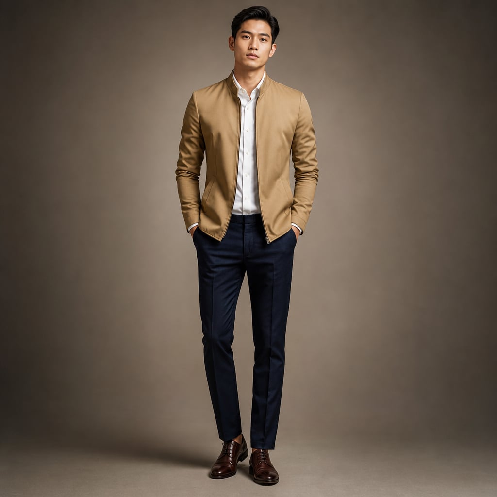 Sports Jacket Mandarin Collar Zip Front Khaki – Full Look