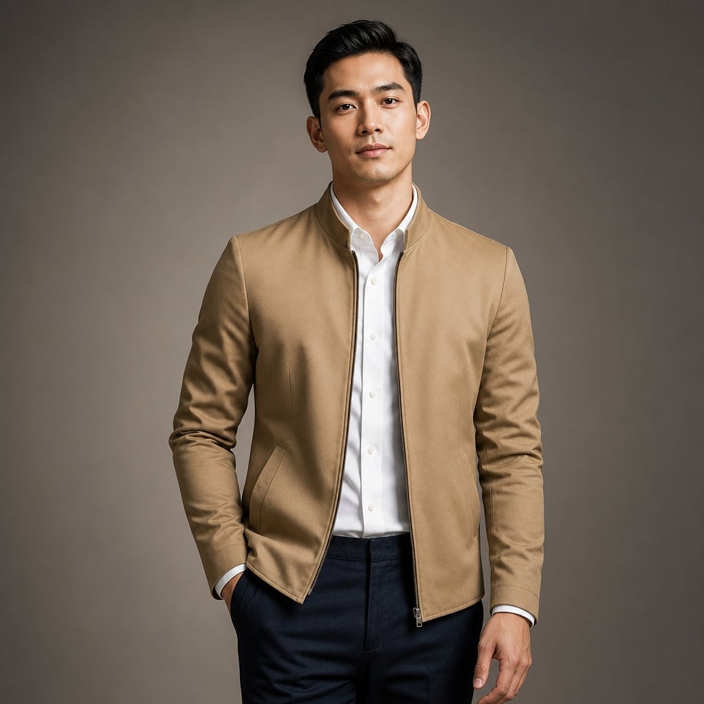 Sports Jacket Mandarin Collar Zip Front in Khaki – Tarlano Premium Menswear