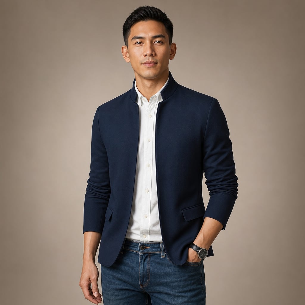 Sports Jacket Mandarin Collar Zip Front in Navy – Tarlano Premium Menswear