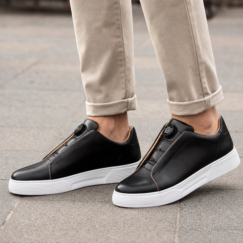 Leather Sneakers Dial Closure Platform Sole in Black – Tarlano Premium Menswear