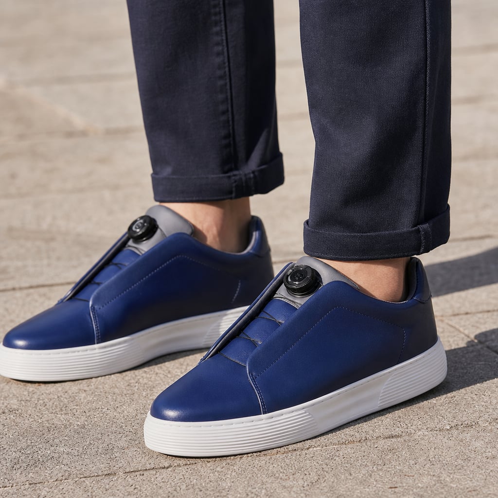 Leather Sneakers Dial Closure Platform Sole in Navy – Tarlano Premium Menswear
