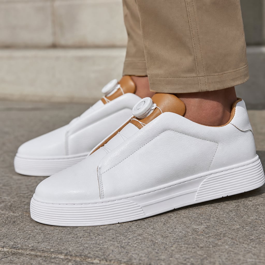 Leather Sneakers Dial Closure Platform Sole White – Side Angle View