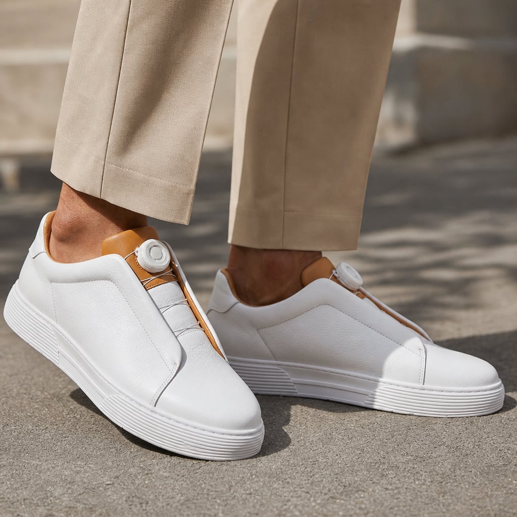 Leather Sneakers Dial Closure Platform Sole White – Full Look