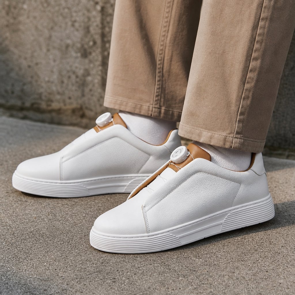 Leather Sneakers Dial Closure Platform Sole in White – Tarlano Premium Menswear