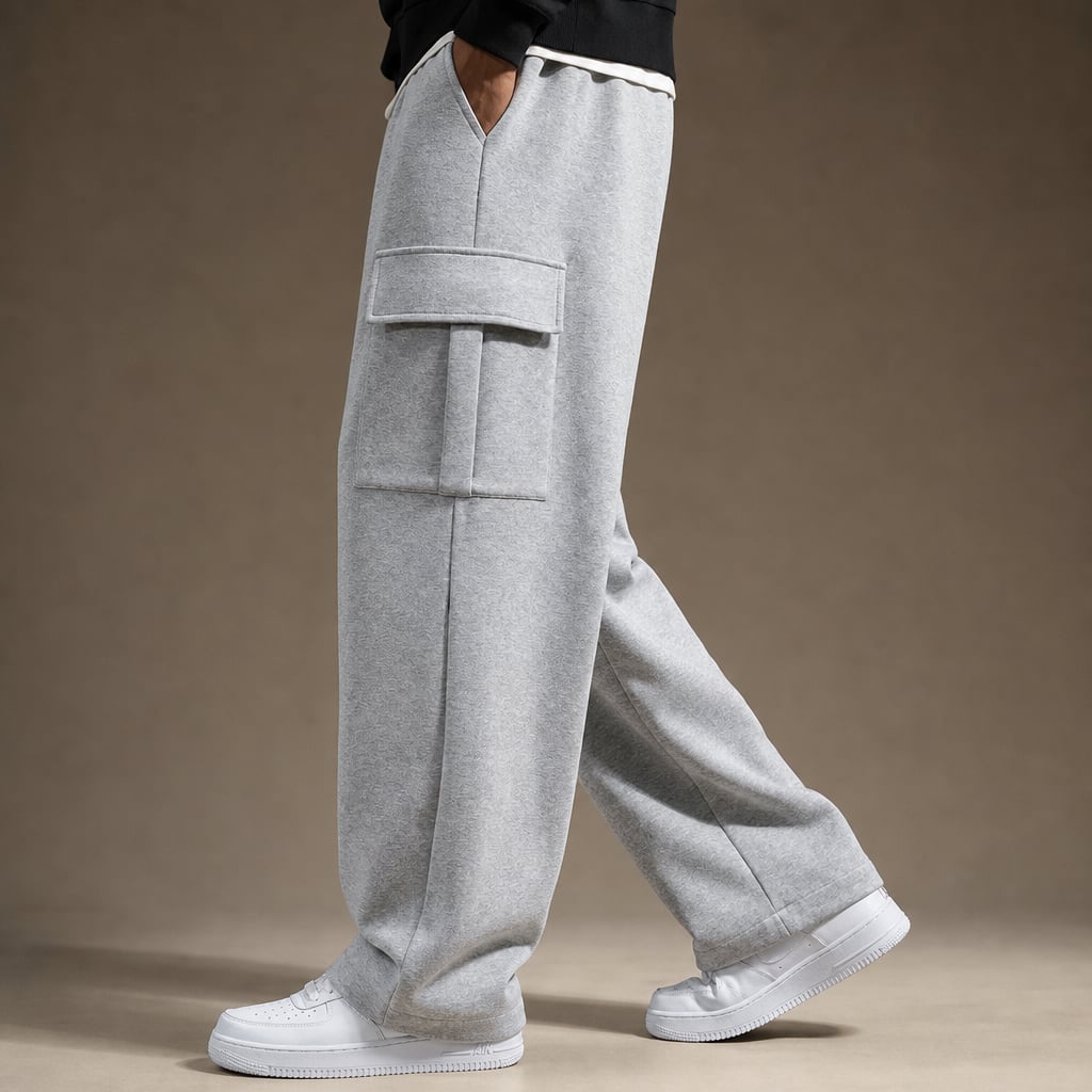 Cargo Pants Relaxed Fit Fleece Gray – Side Angle View