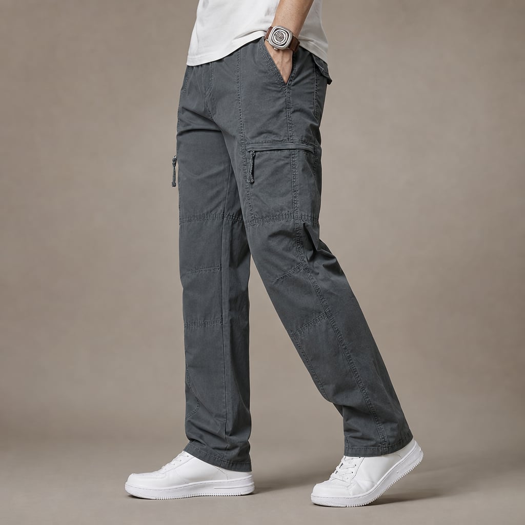 Cargo Pants Relaxed Fit Elastic Waist Army Gray – Side Angle View