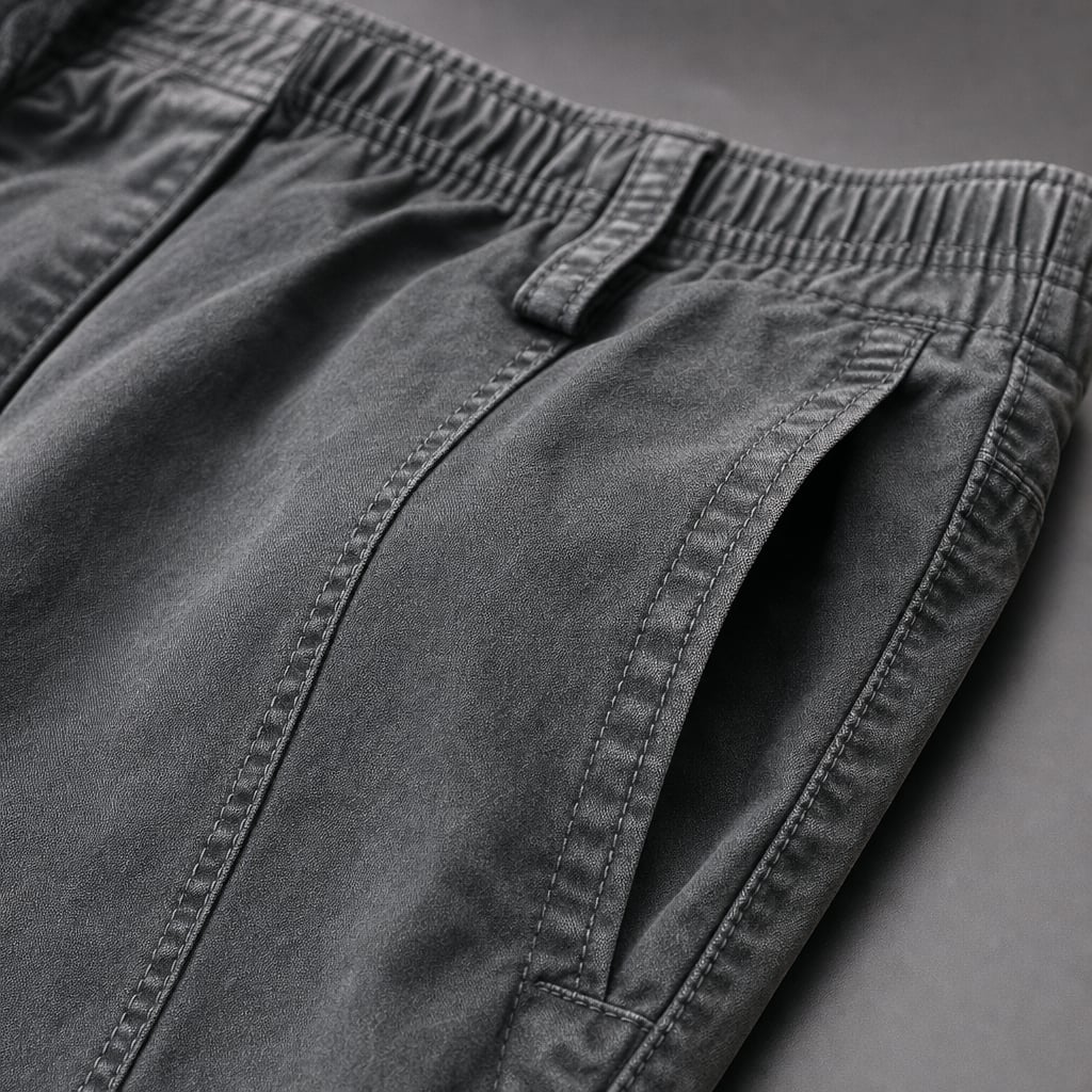 Cargo Pants Relaxed Fit Elastic Waist Army Gray – Fabric and Detail Close-Up