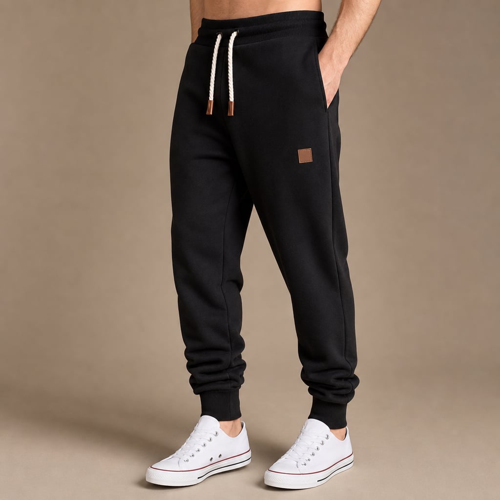 Jogging Pants Slim Tapered Cuff Drawstring Black – Side Angle View