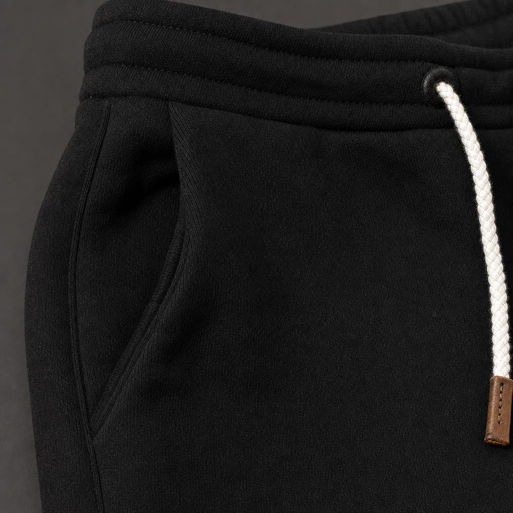 Jogging Pants Slim Tapered Cuff Drawstring Black – Fabric and Detail Close-Up
