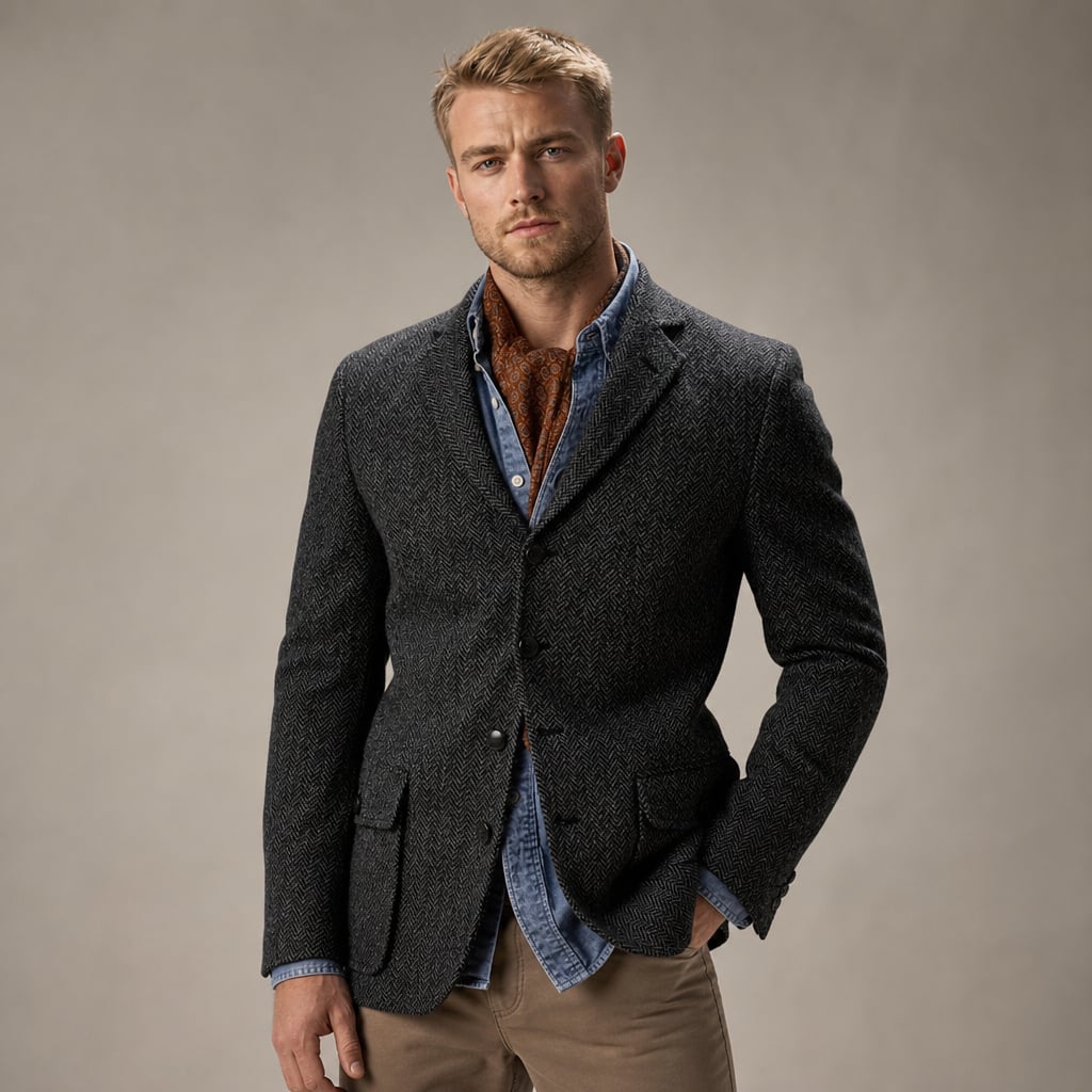 Blazer Herringbone Tweed Single Breasted Dark Gray Dark Grey – Side Angle View