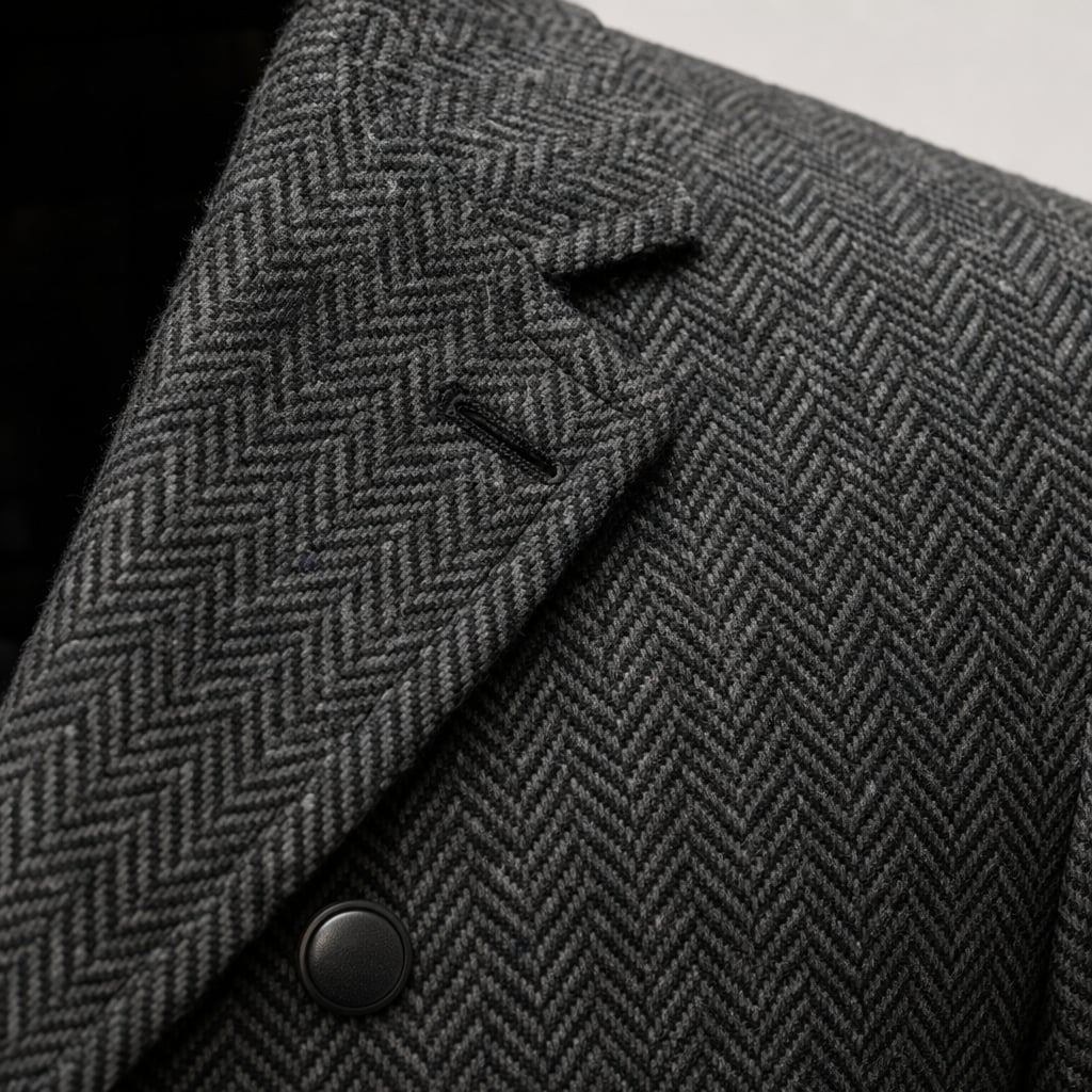 Blazer Herringbone Tweed Single Breasted Dark Gray Dark Grey – Fabric and Detail Close-Up