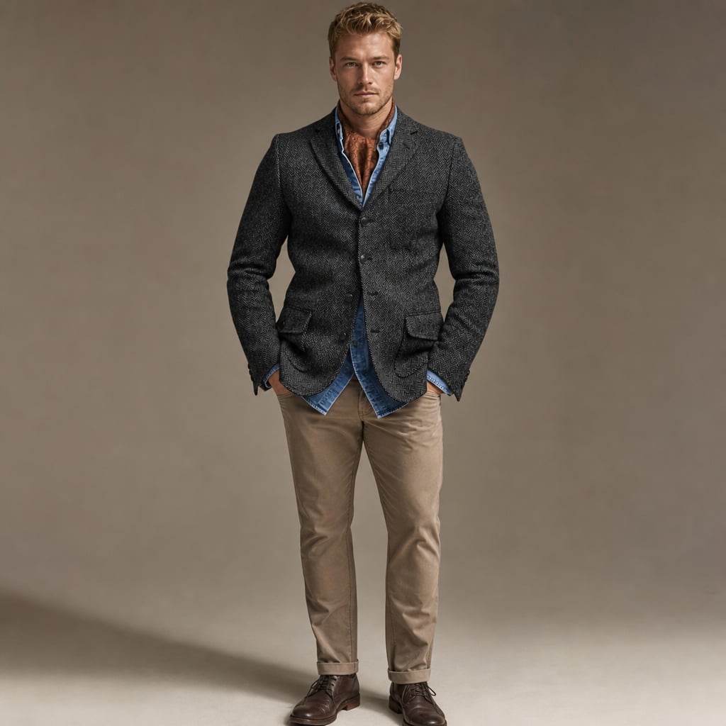 Blazer Herringbone Tweed Single Breasted Dark Gray Dark Grey – Full Look