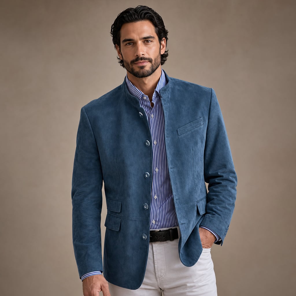 Suede Blazer Single Breasted Relaxed Fit in Blue – Tarlano Premium Menswear