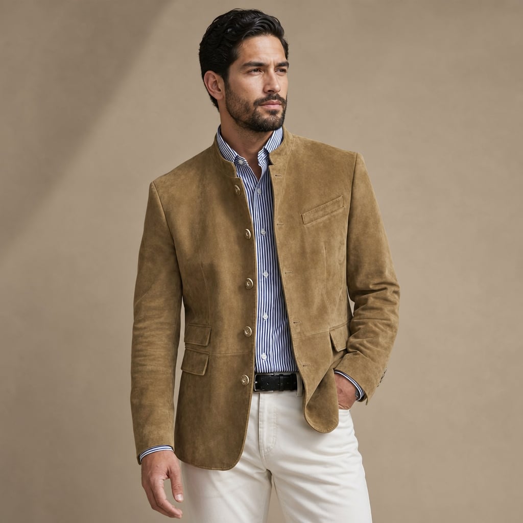 Suede Blazer Single Breasted Relaxed Fit Khaki – Side Angle View