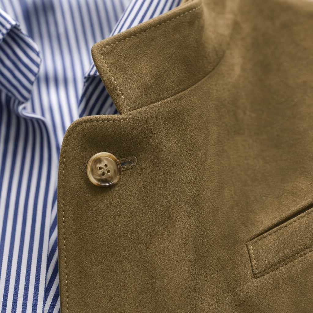 Suede Blazer Single Breasted Relaxed Fit Khaki – Fabric and Detail Close-Up