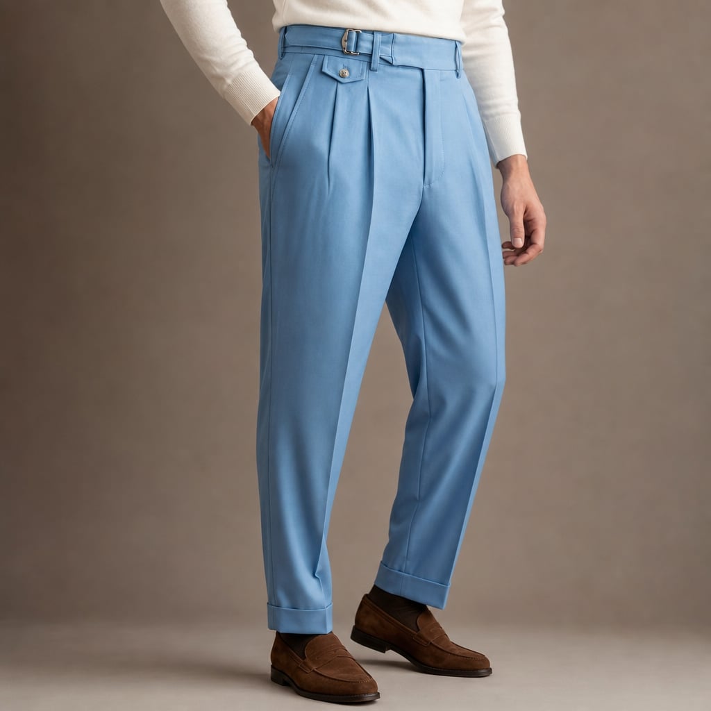 High Waisted Pants Gurkha Double Buckle Sky Blue – Side Angle View