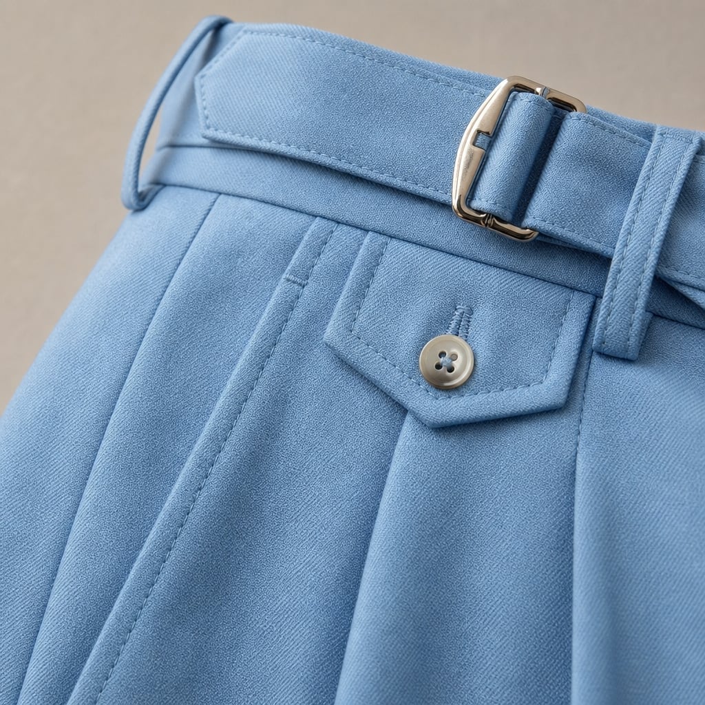 High Waisted Pants Gurkha Double Buckle Sky Blue – Fabric and Detail Close-Up