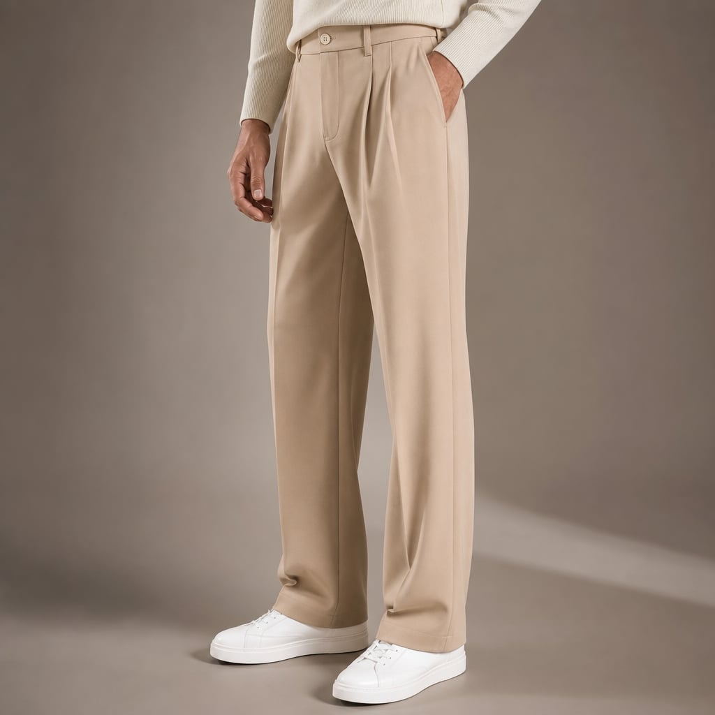 High Waisted Pants Straight Leg Tailored Beige – Side Angle View