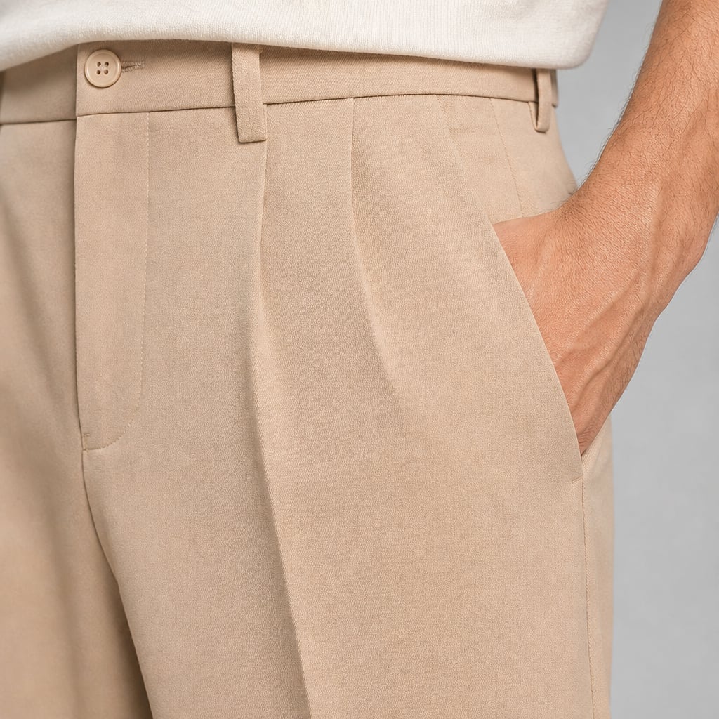 High Waisted Pants Straight Leg Tailored Beige – Fabric and Detail Close-Up