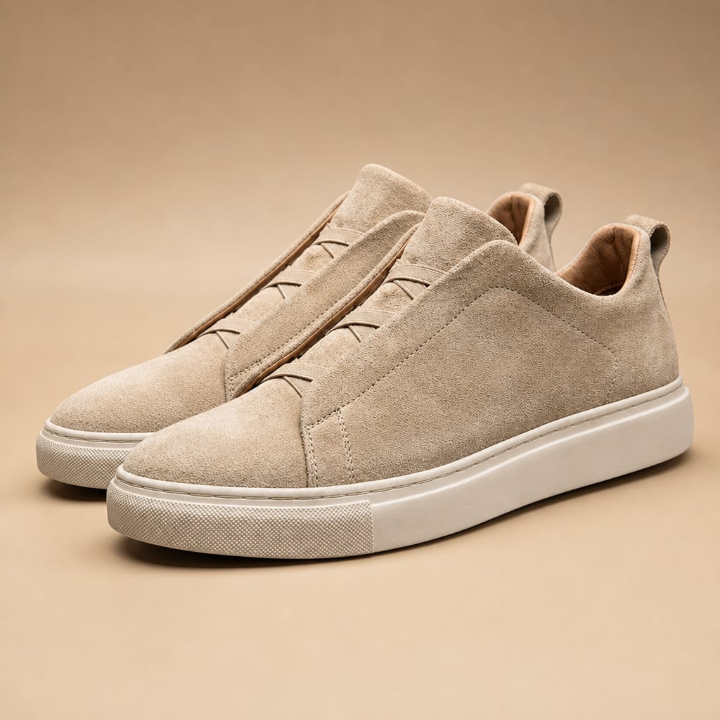 Business Casual Sneakers Suede Laceless Beige – Product Photo