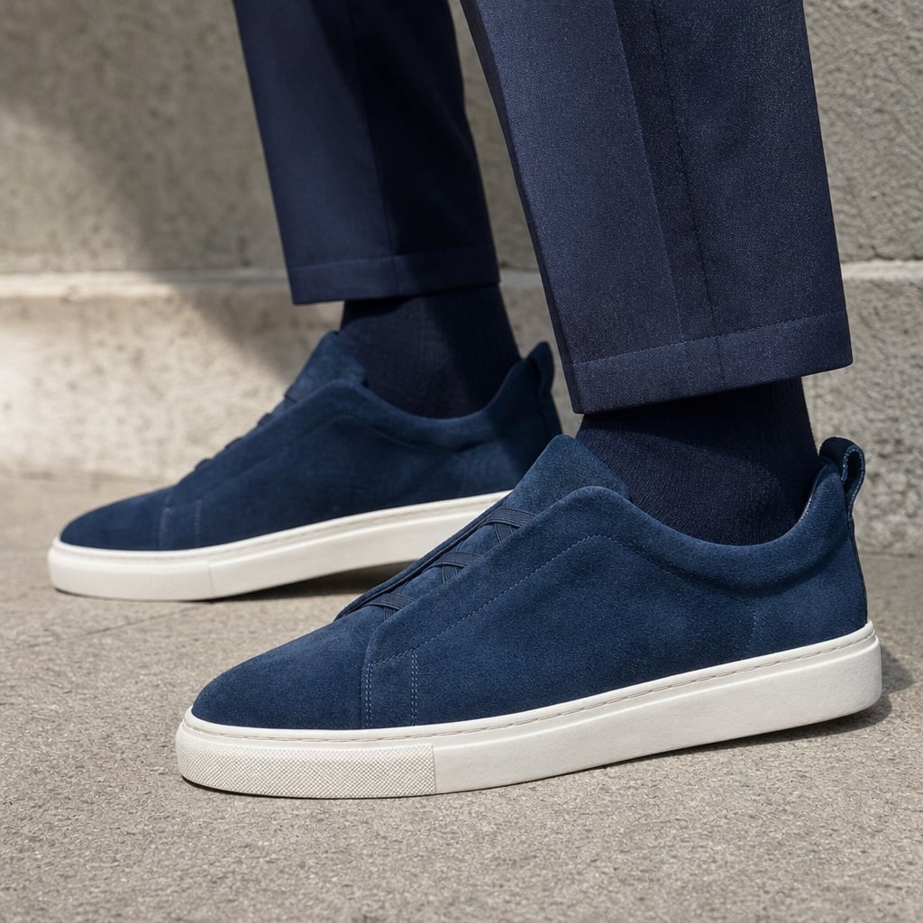 Business Casual Sneakers Suede Laceless Blue – Side Angle View