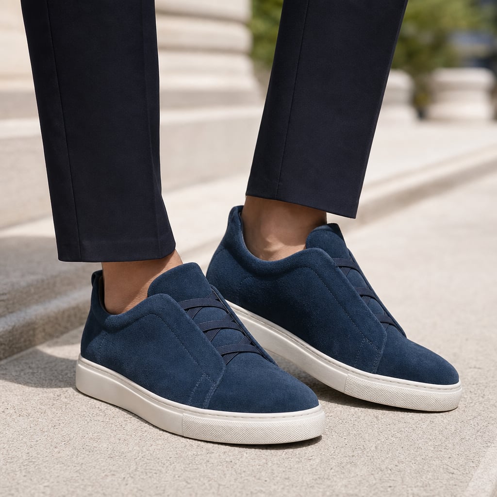 Business Casual Sneakers Suede Laceless Blue – Full Look