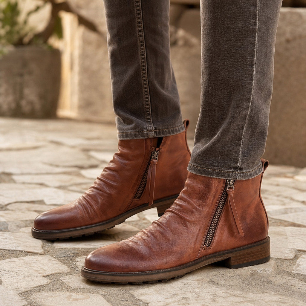 Chukka Boots PU Leather Side Zipper Brown – Full Look