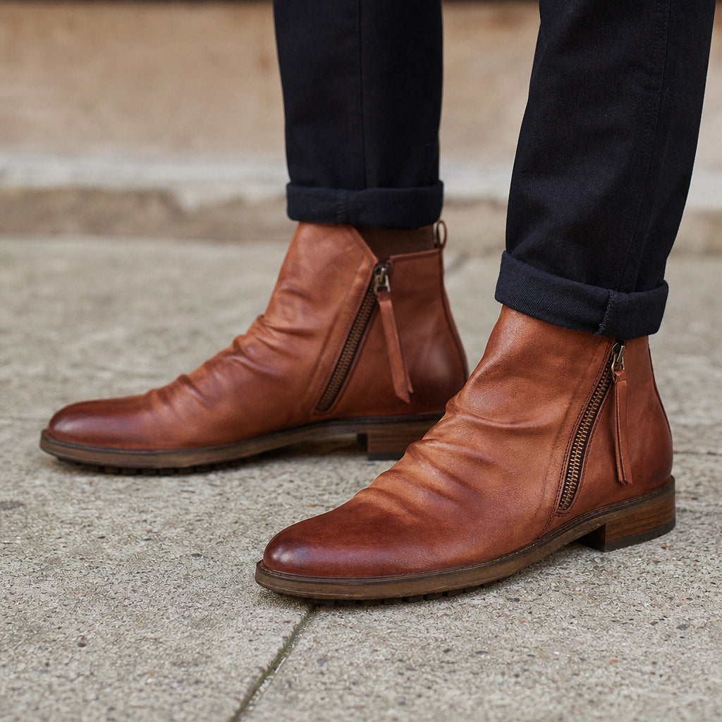 Chukka Boots PU Leather Side Zipper in Brown – Tarlano Premium Menswear