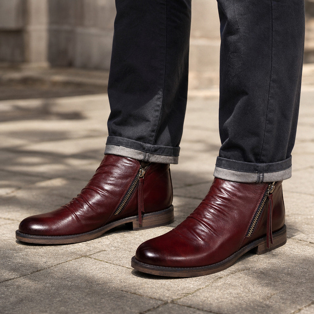 Chukka Boots PU Leather Side Zipper in Burgundy – Tarlano Premium Menswear