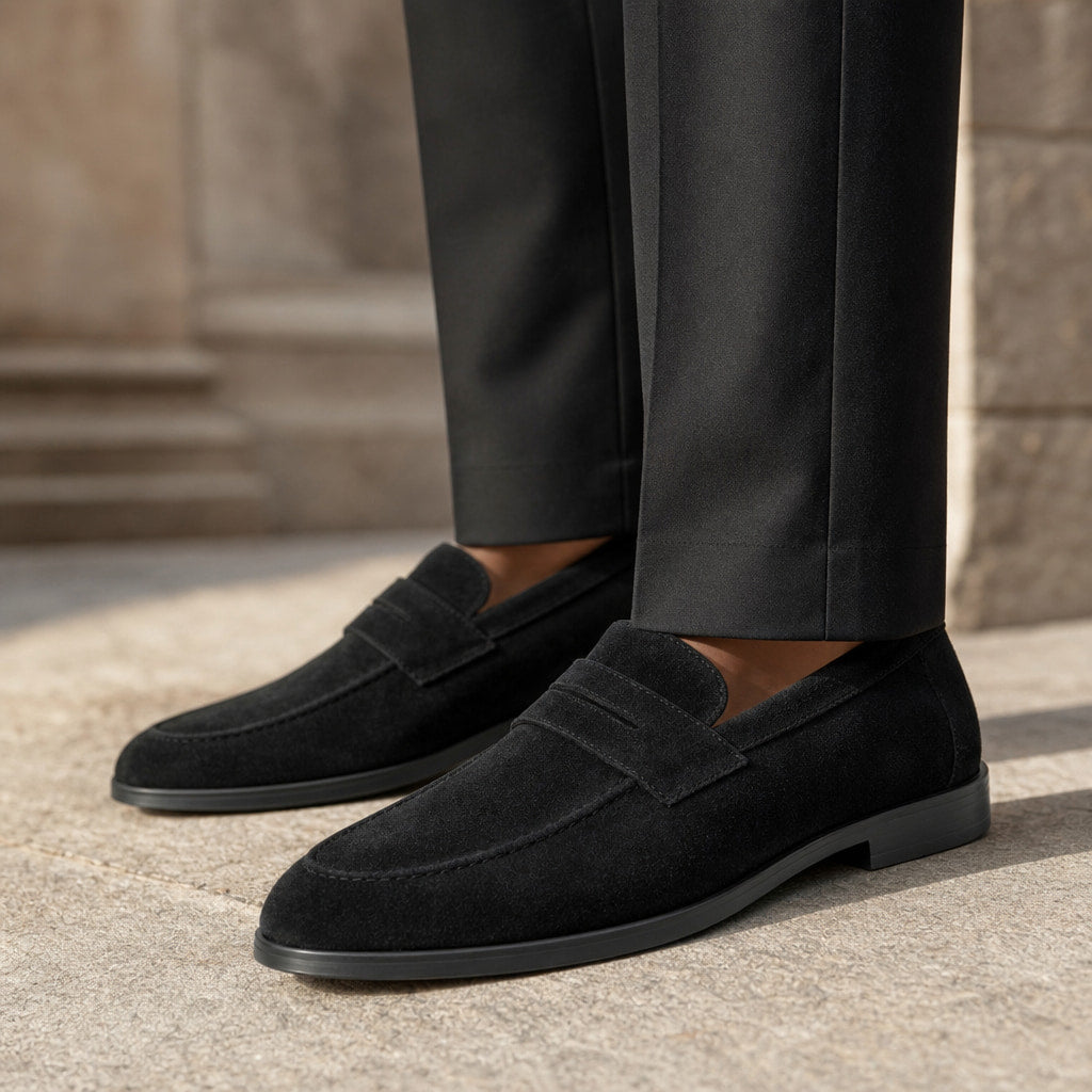 Suede Loafers Slip-On Driving Moc Toe Black – Side Angle View
