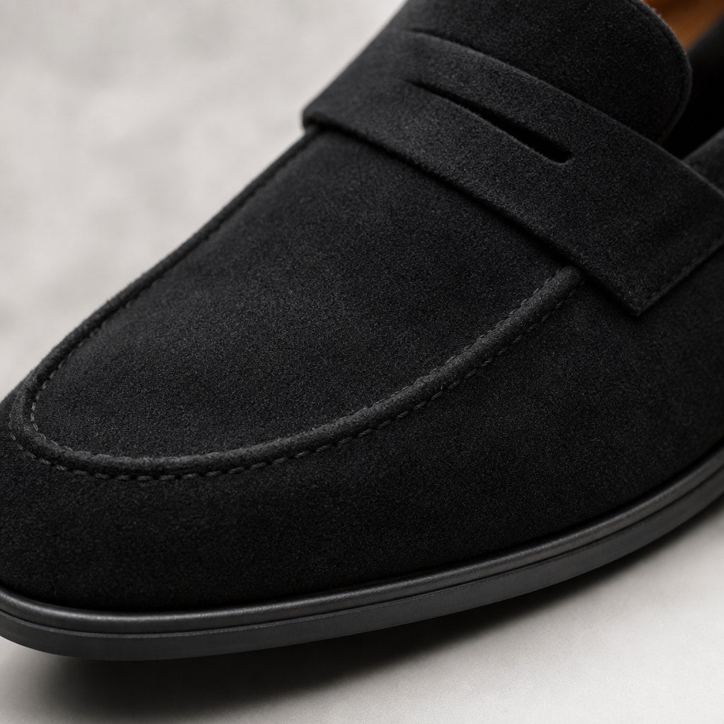 Suede Loafers Slip-On Driving Moc Toe Black – Fabric and Detail Close-Up