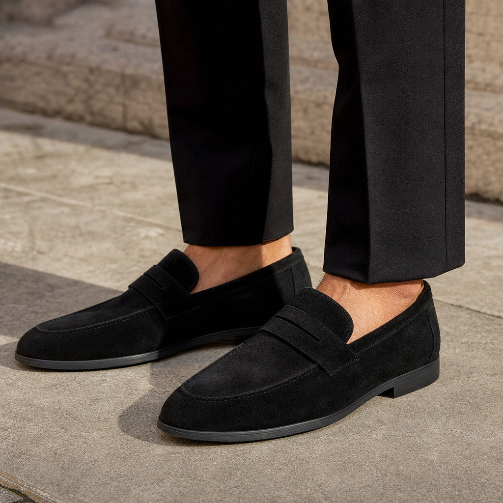 Suede Loafers Slip-On Driving Moc Toe Black – Full Look