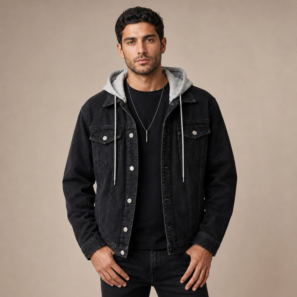 Dark Denim Jacket Detachable Hood Loose Fit Black – Product Photo