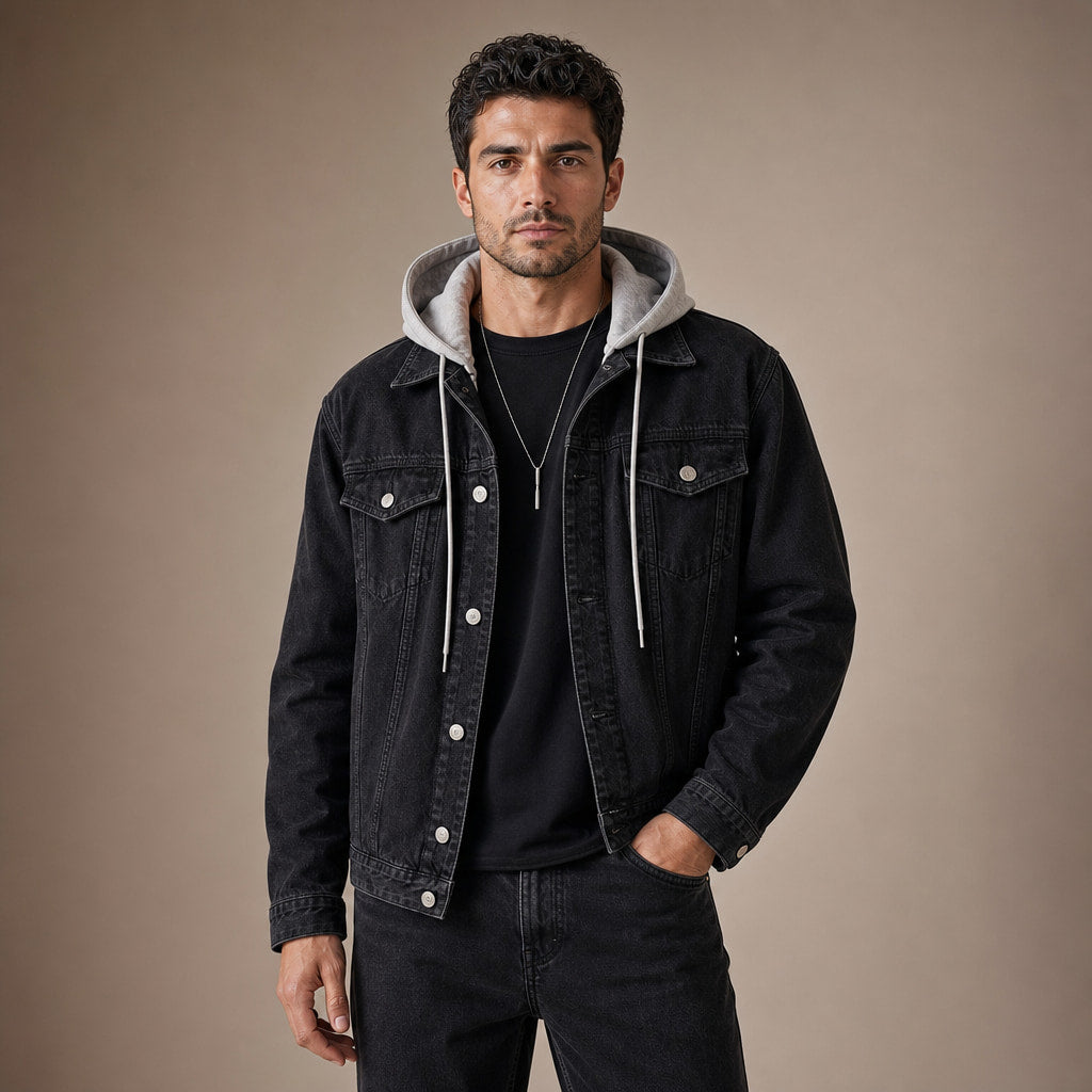 Dark Denim Jacket Detachable Hood Loose Fit in Black – Tarlano Premium Menswear