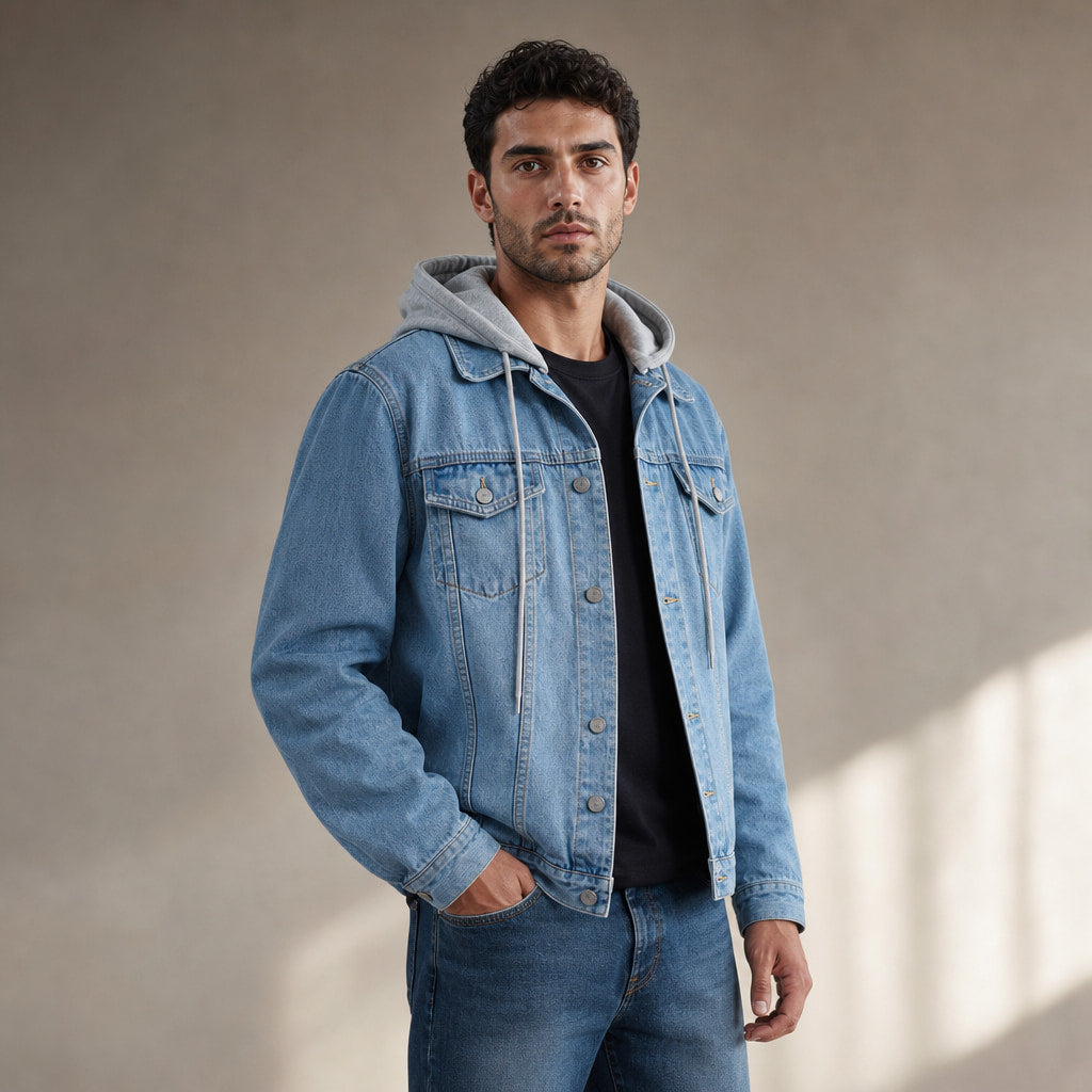 Dark Denim Jacket Detachable Hood Loose Fit Blue – Side Angle View