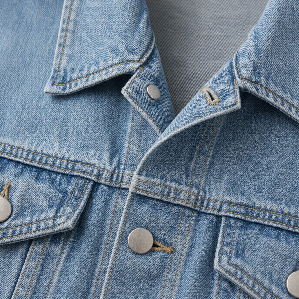 Dark Denim Jacket Detachable Hood Loose Fit Blue – Fabric and Detail Close-Up