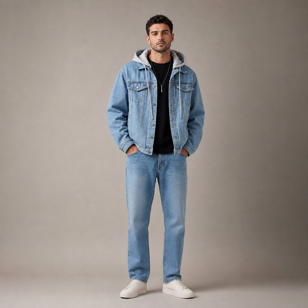 Dark Denim Jacket Detachable Hood Loose Fit Blue – Full Look