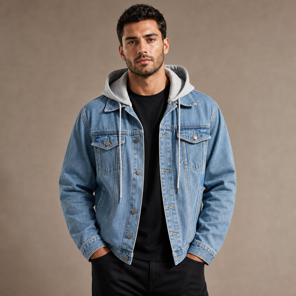 Dark Denim Jacket Detachable Hood Loose Fit Blue – Product Photo