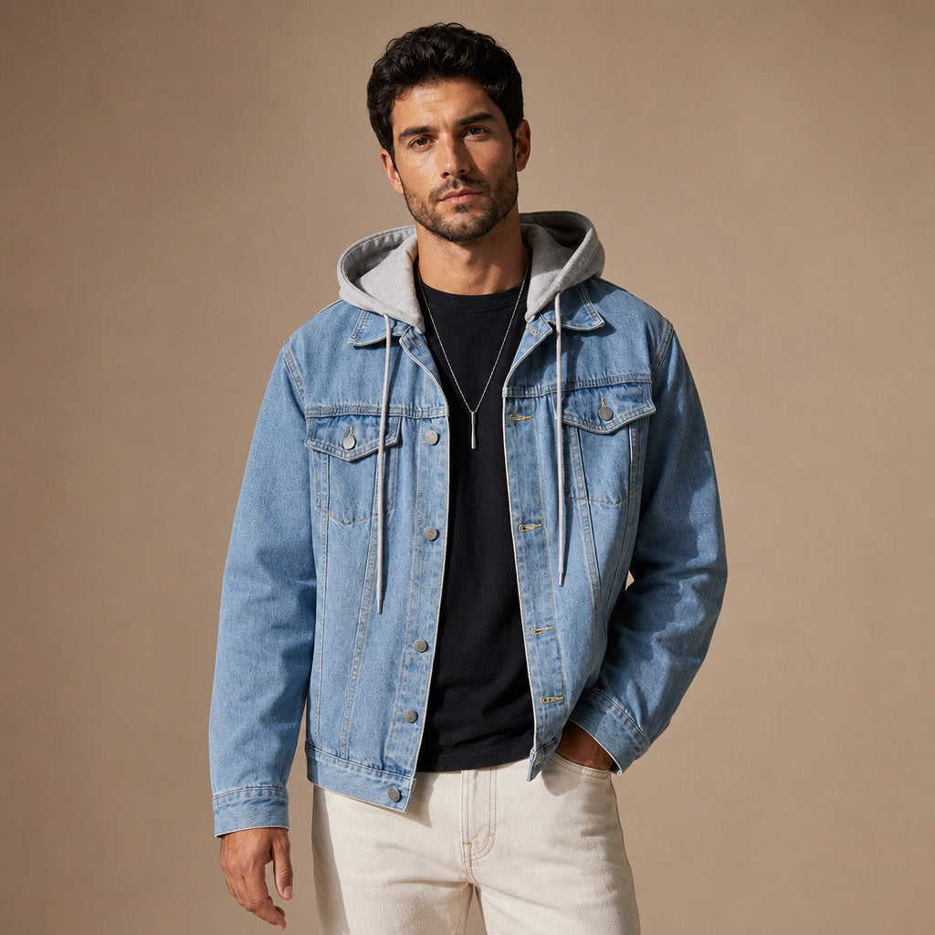 Dark Denim Jacket Detachable Hood Loose Fit in Blue – Tarlano Premium Menswear