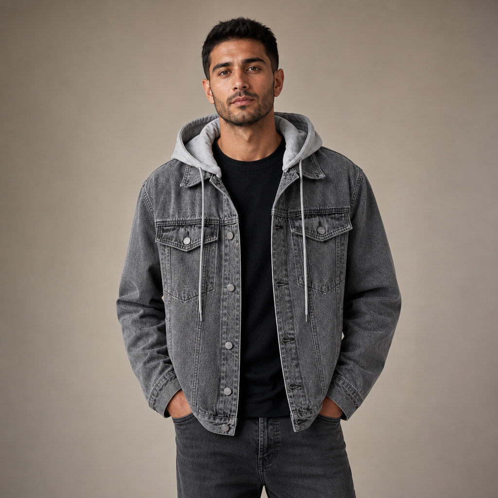 Dark Denim Jacket Detachable Hood Loose Fit Gray – Product Photo